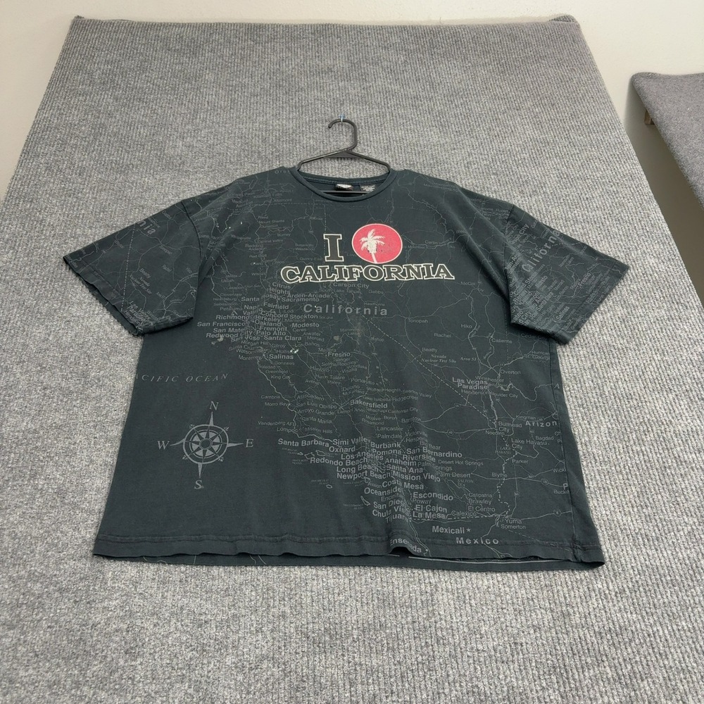 Vintage State of Mine T Shirt Mens XXL Black Cotton All Over Print Map Style